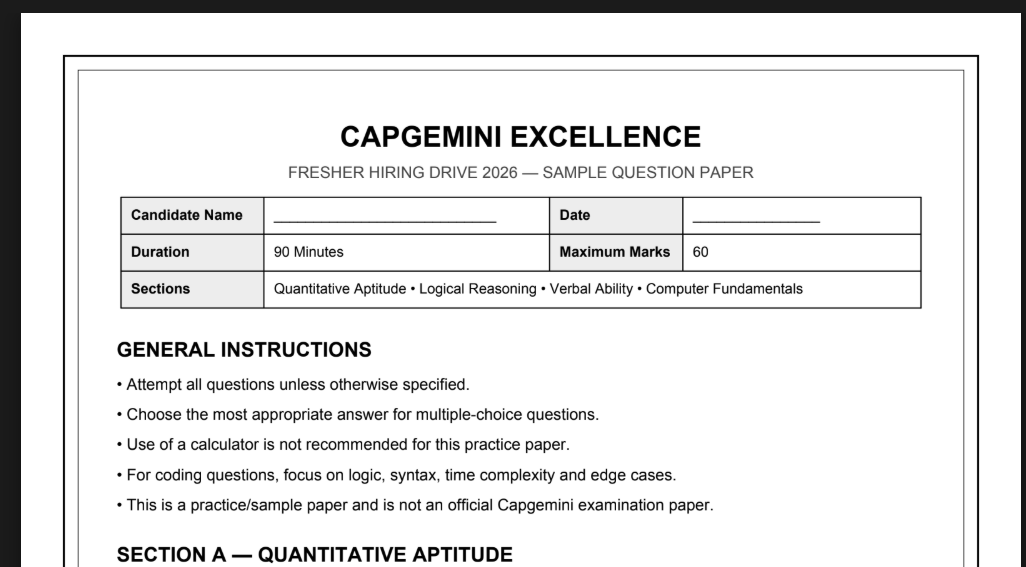 Capgemini Excellence Fresher Sample Question Paper preview